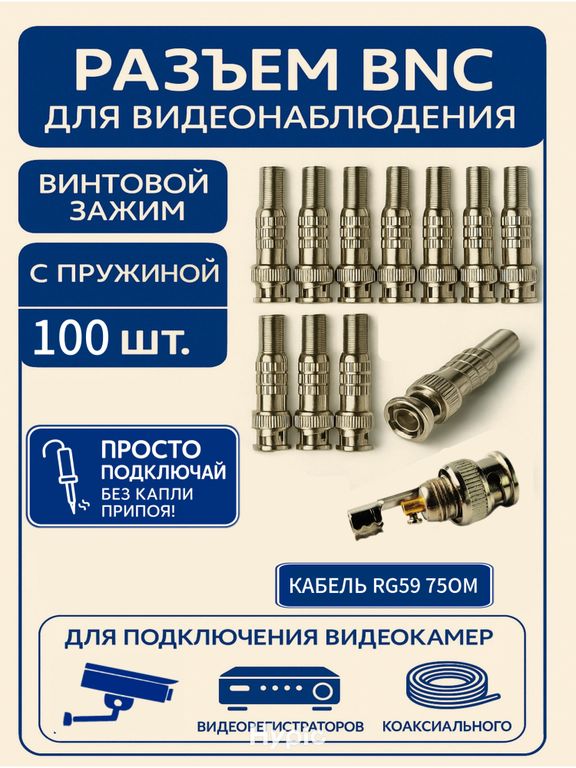 Разъём штекер FECOR BNC под винт с пружиной 100 шт. (копия)